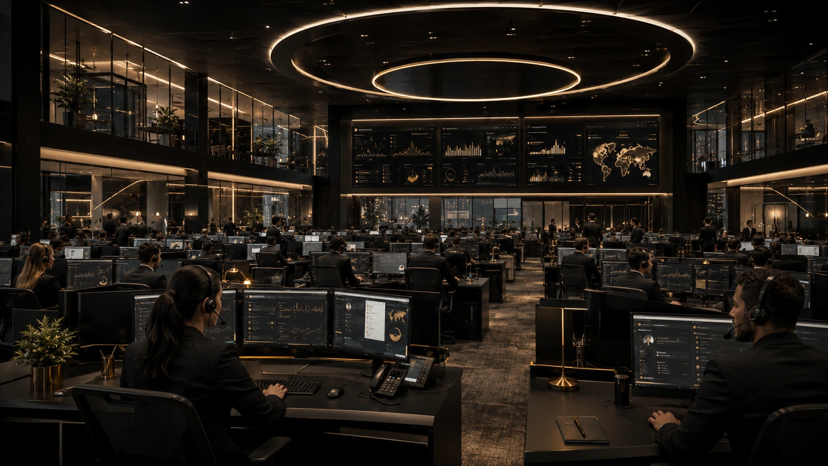 Grande central de atendimento moderna, elegante e tecnológica, em escala ampliada